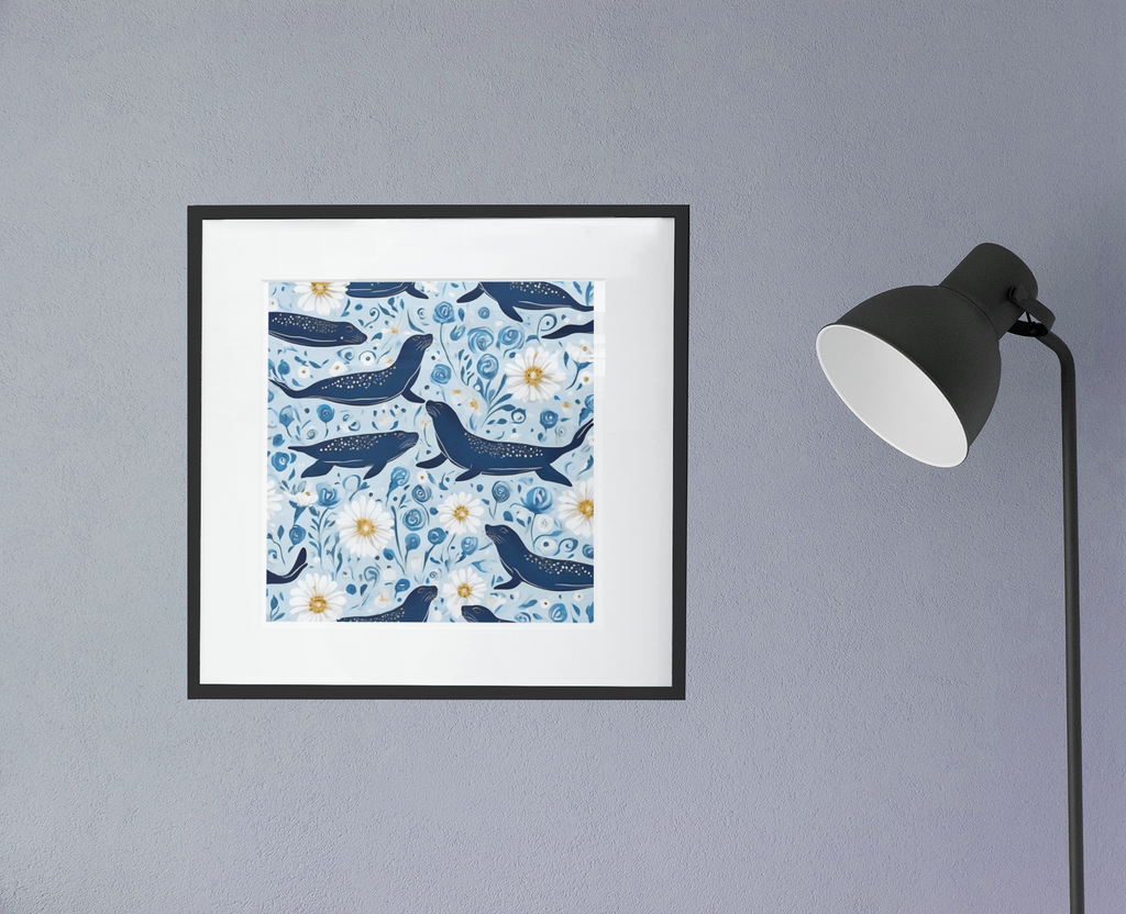 Whimsical Seal and Daisy Framed Wall Art – Coastal Nature Print, Ready to Hang