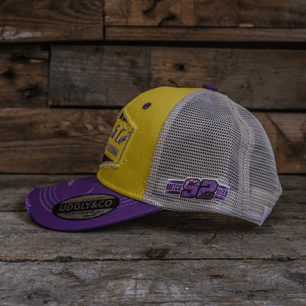 Uggly & Co Diamond Trucker Hat – Yellow & Purple Motorsport Mesh Cap