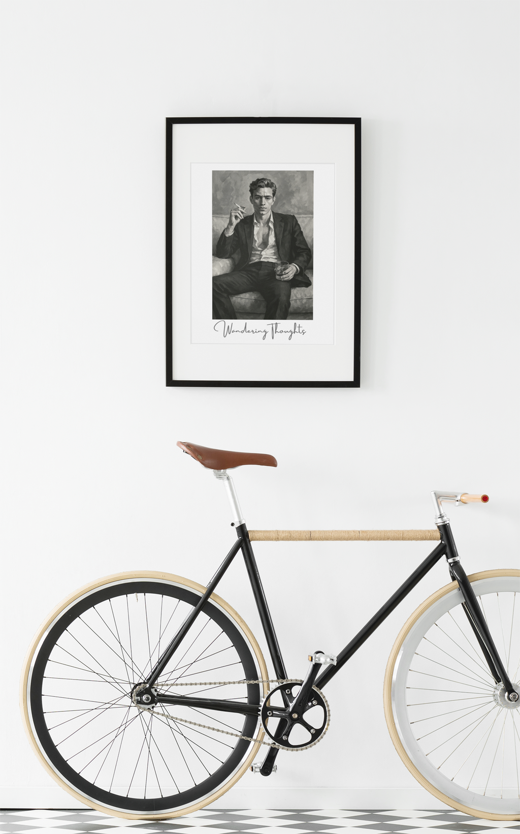 Contemplative Mood Poster. Stylish Man with Whiskey & Cigarette - Retro Decor