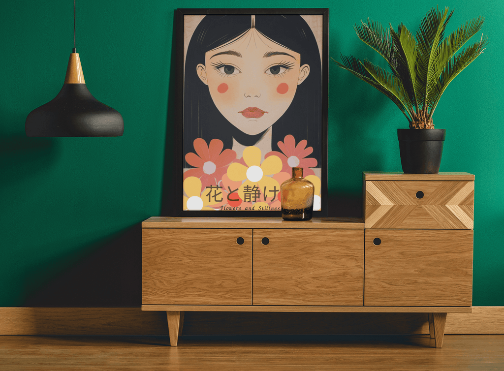 Flowers & Stillness: Japanese Portrait Art Print - Stunning Matte Poster for Home Decor