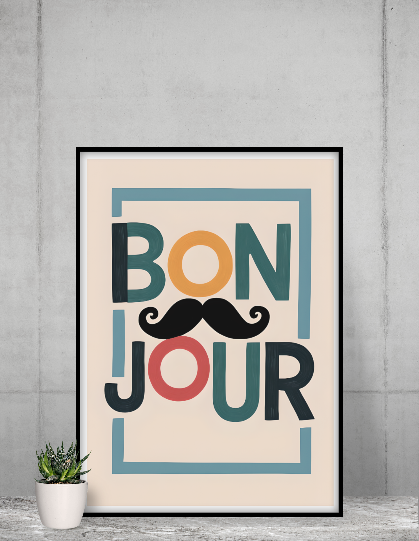 Bonjour Poster - Quirky French Greeting Wall Art with Mustache - Fun Living Room & Café Decor