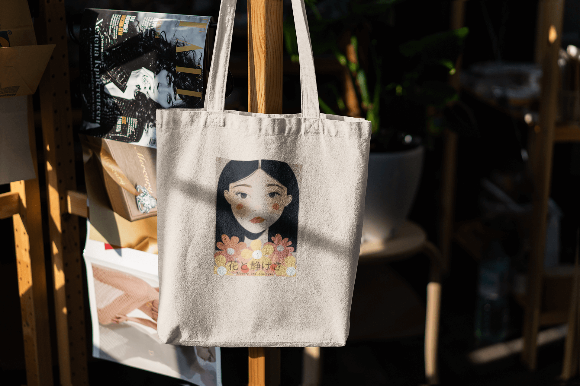 Flowers & Stillness Tote Bag – Japanese Portrait Eco Canvas Shopper – Artistic Floral Carryall Gift