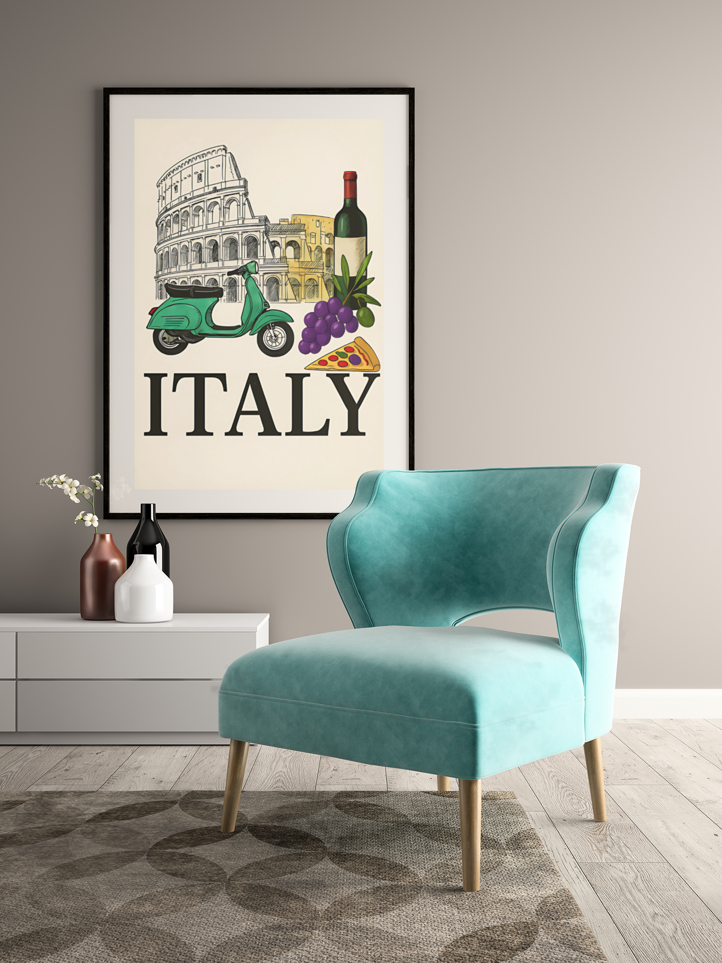 Vintage Italy Travel Poster - Vespa, Pizza & Wine - Italian Home Decor