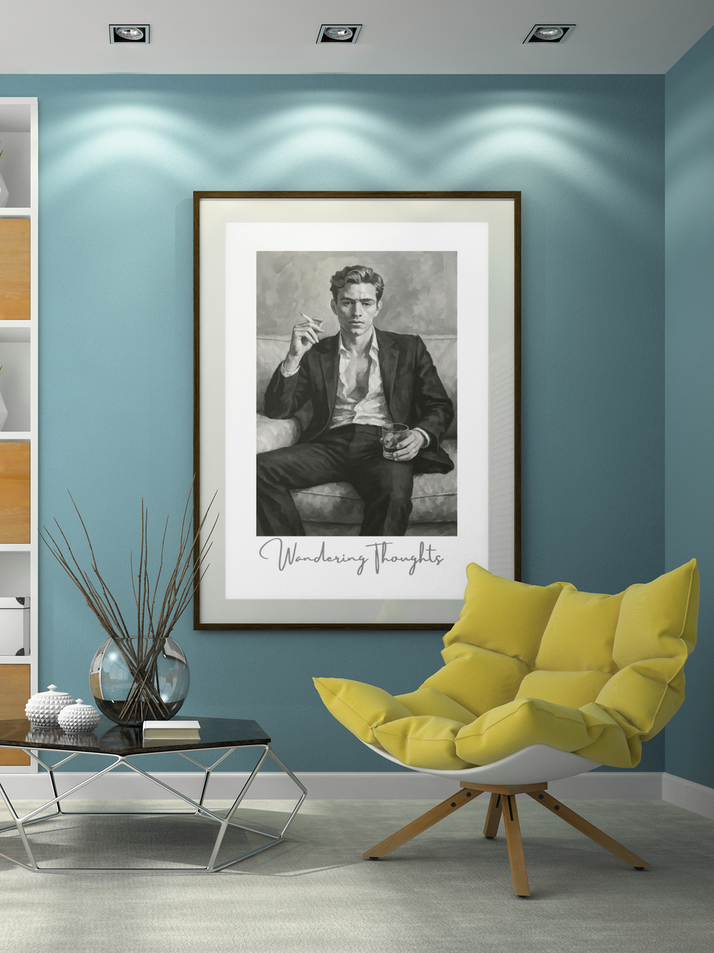 Contemplative Mood Poster. Stylish Man with Whiskey & Cigarette - Retro Decor