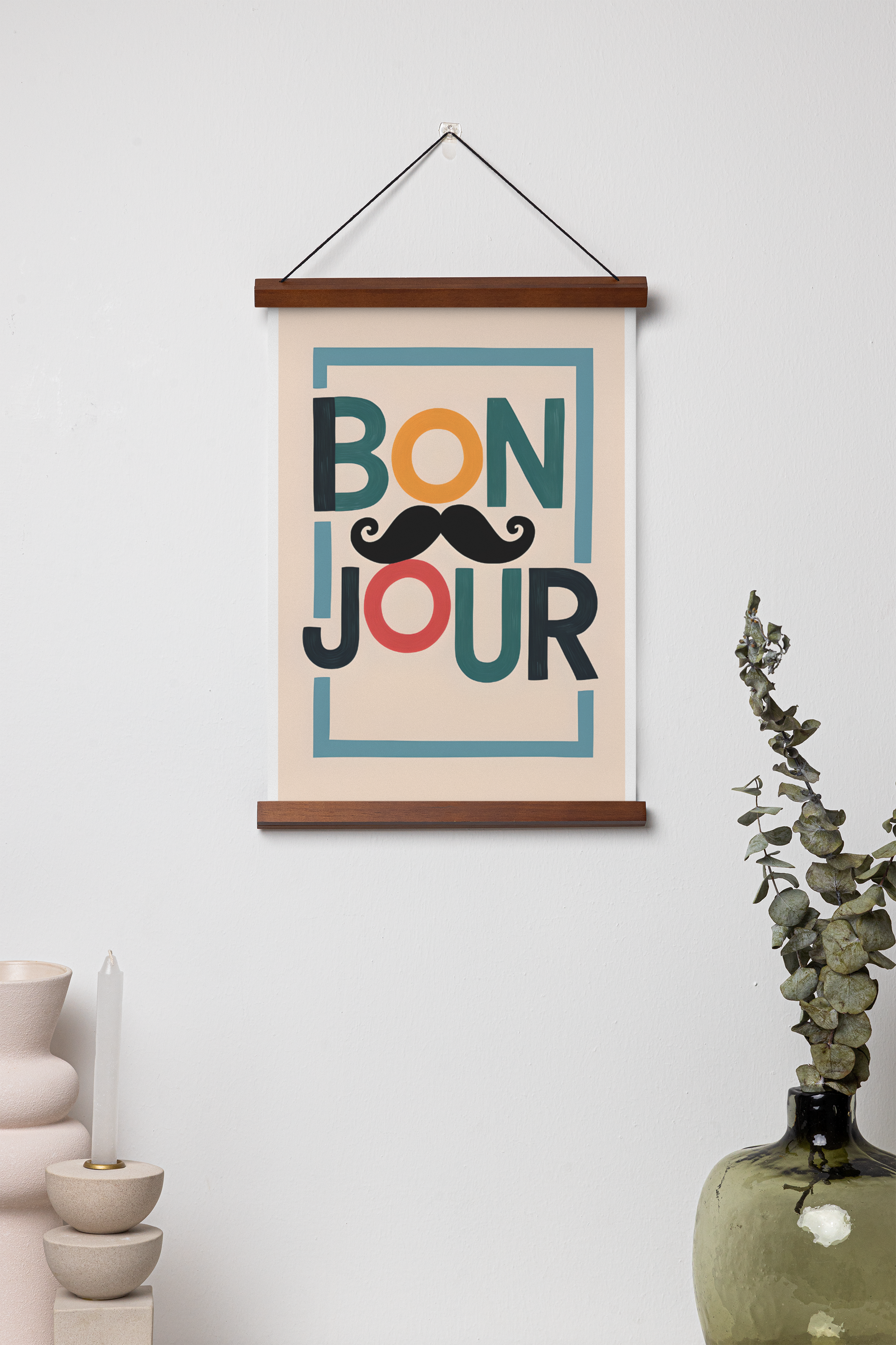 Bonjour Poster - Quirky French Greeting Wall Art with Mustache - Fun Living Room & Café Decor