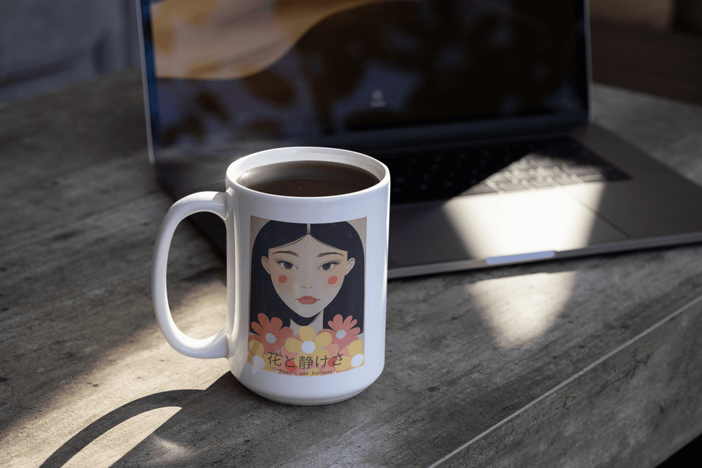 Flowers & Stillness Mug – Japanese Portrait Ceramic Coffee Cup – Tranquil Floral Gift for Tea or Coffee Lovers