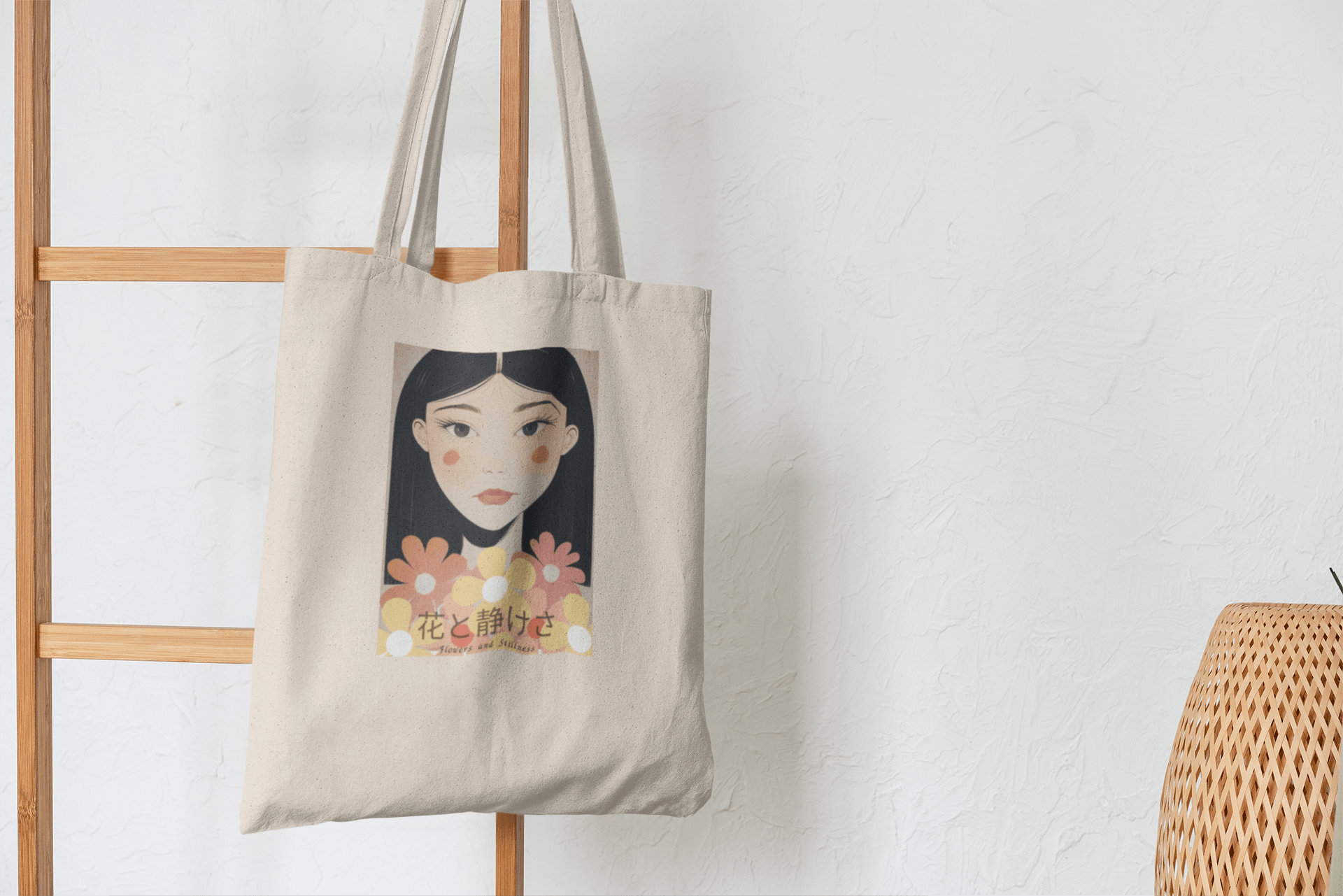 Flowers & Stillness Tote Bag – Japanese Portrait Eco Canvas Shopper – Artistic Floral Carryall Gift