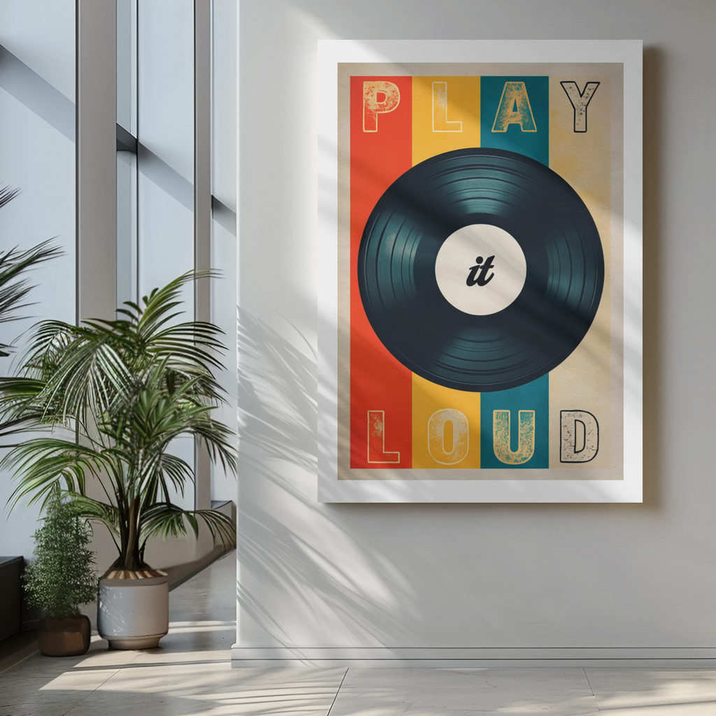 Retro Vinyl Record Wall Art Poster – ‘Play It Loud’ Music Decor
