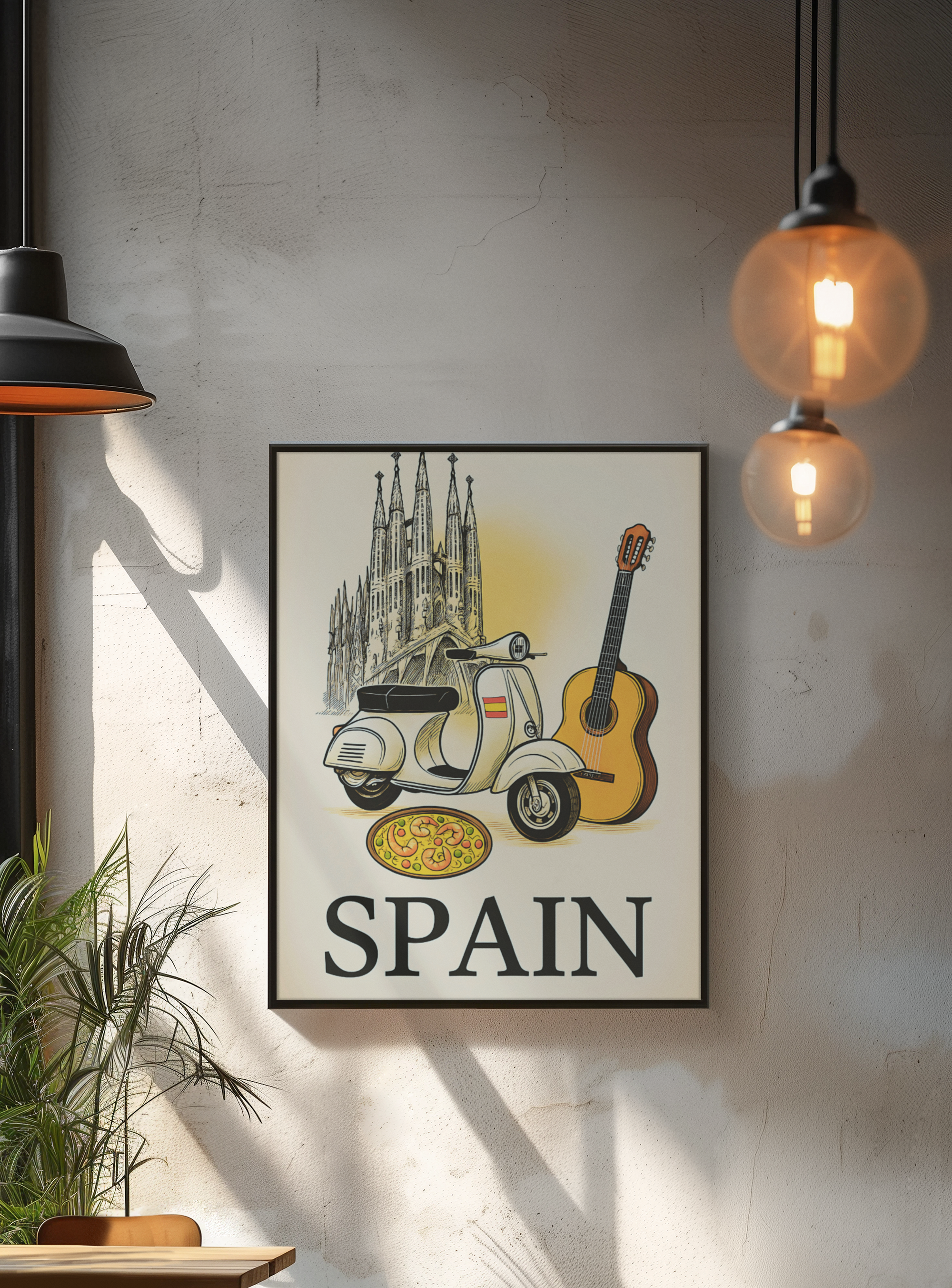 Vintage Spain Travel Poster – Guitar & Paella Wall Art – Spanish Home Decor