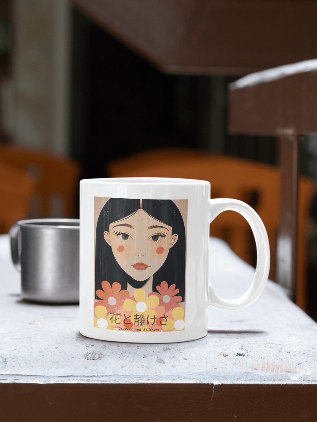 Flowers & Stillness Mug – Japanese Portrait Ceramic Coffee Cup – Tranquil Floral Gift for Tea or Coffee Lovers