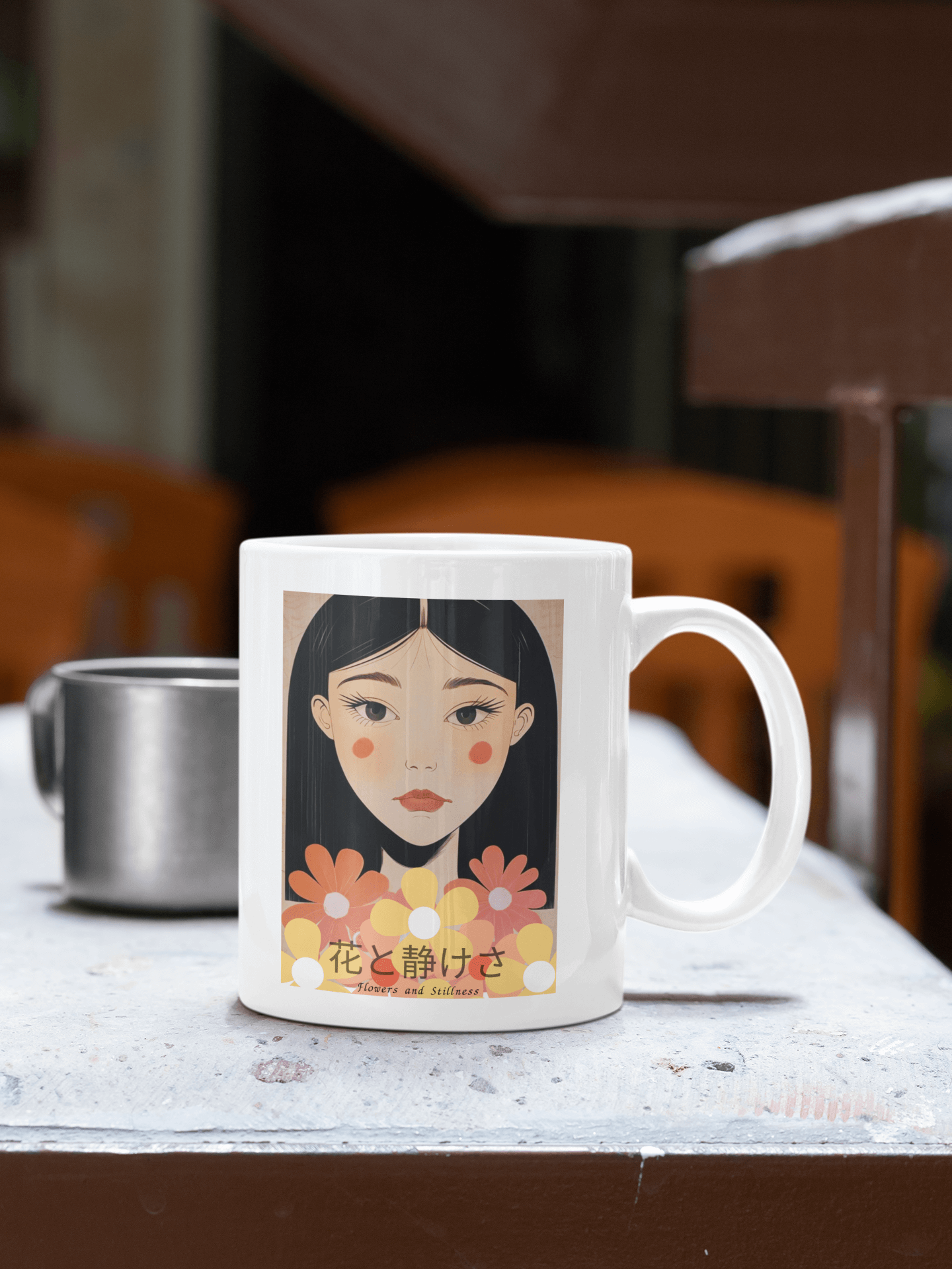 Flowers & Stillness Mug – Japanese Portrait Ceramic Coffee Cup – Tranquil Floral Gift for Tea or Coffee Lovers