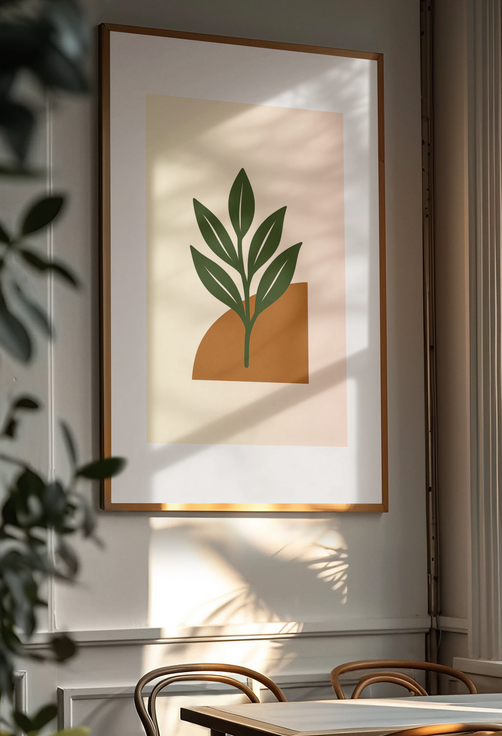 Green Leaf Botanical Wall Art – Minimal Plant Print with Terracotta Accent, Boho Decor