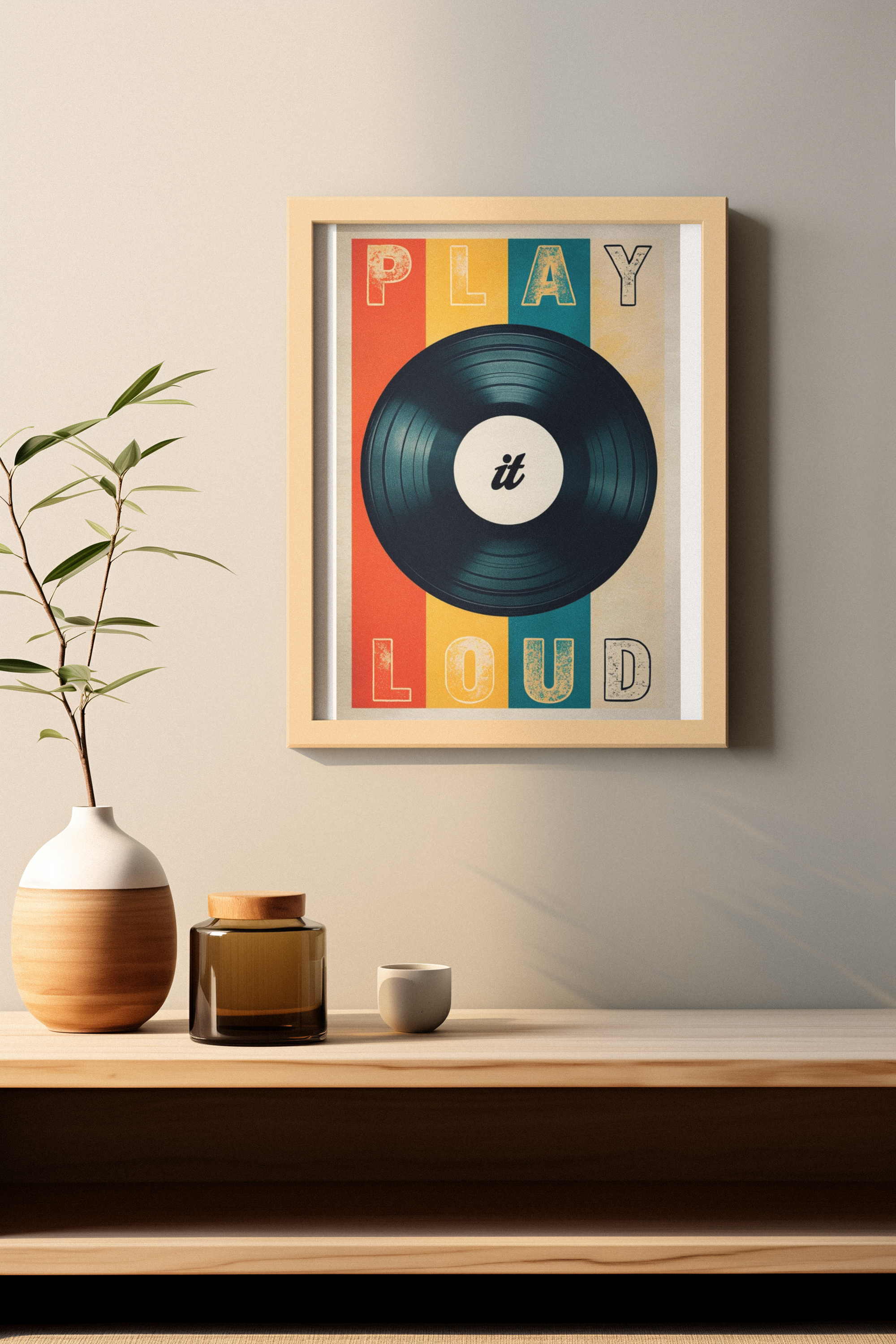 Retro Vinyl Record Wall Art Poster – ‘Play It Loud’ Music Decor