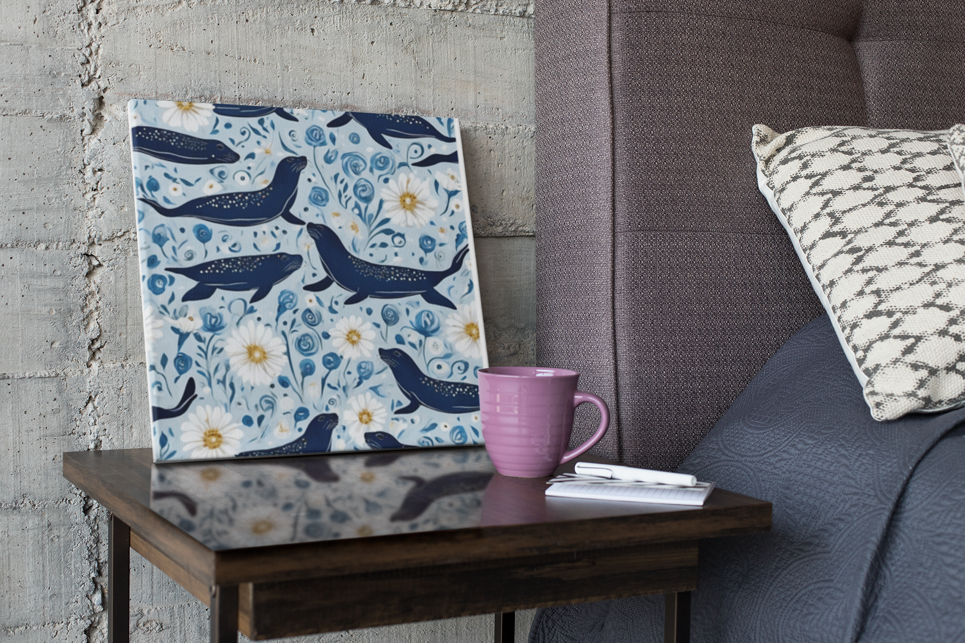 Whimsical Seal and Daisy Framed Wall Art – Coastal Nature Print, Ready to Hang