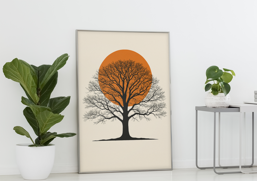Oak Tree Sunset Wall Art – Minimalist Botanical Print, Earth Tone Nature Decor