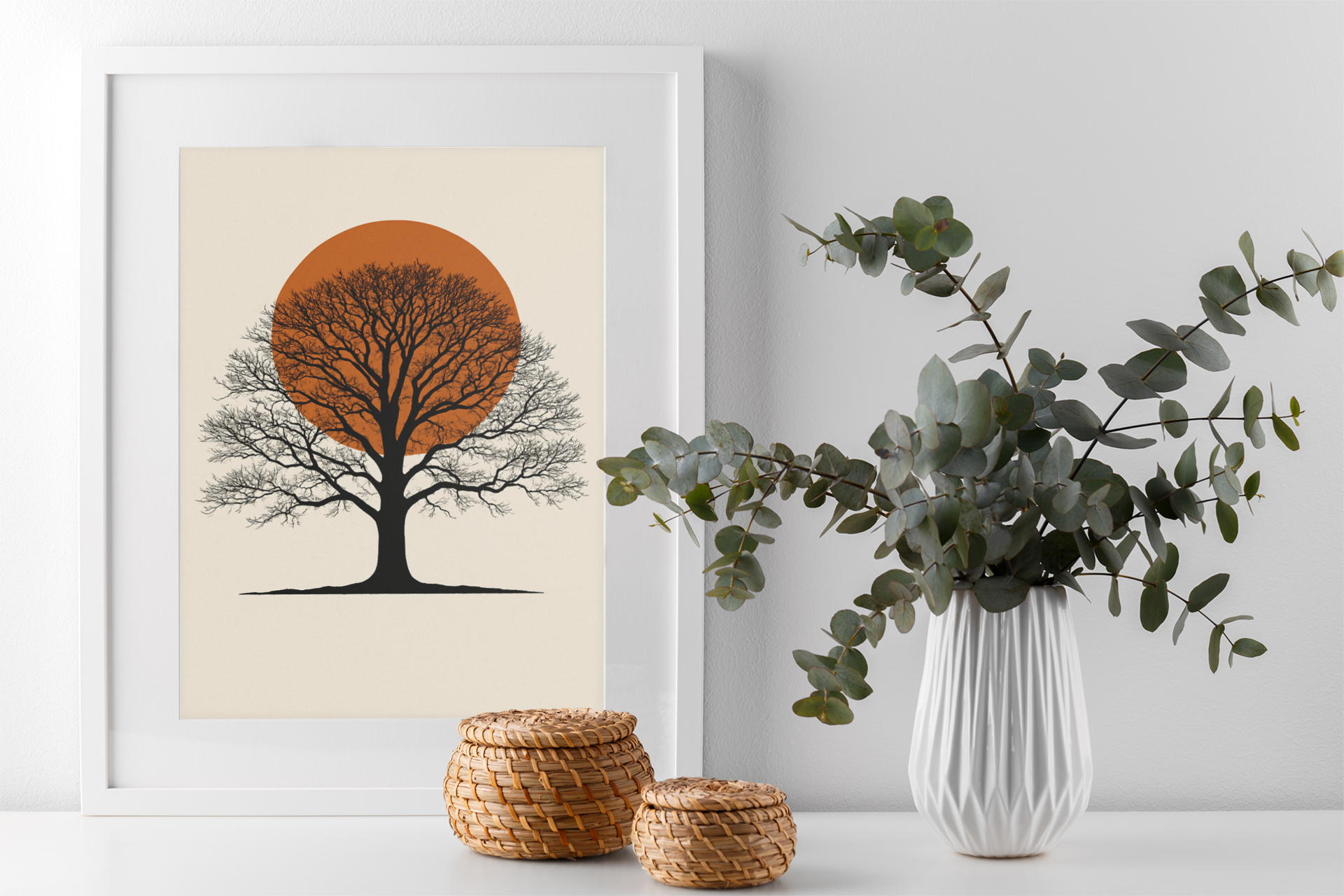 Oak Tree Sunset Wall Art – Minimalist Botanical Print, Earth Tone Nature Decor