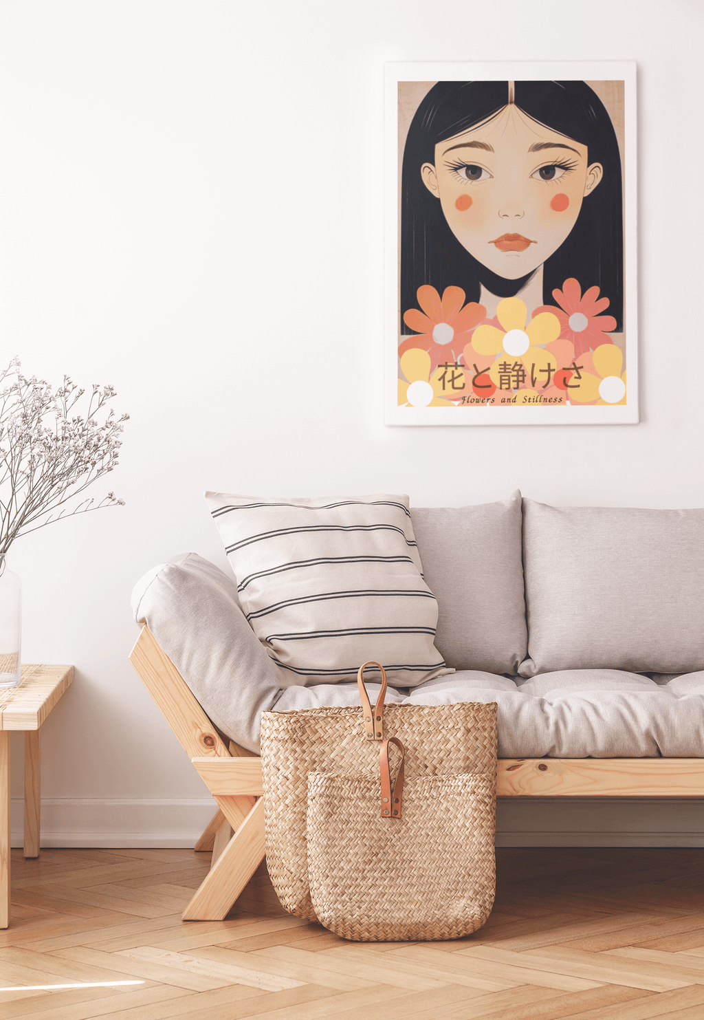 Flowers & Stillness: Japanese Portrait Art Print - Stunning Matte Poster for Home Decor