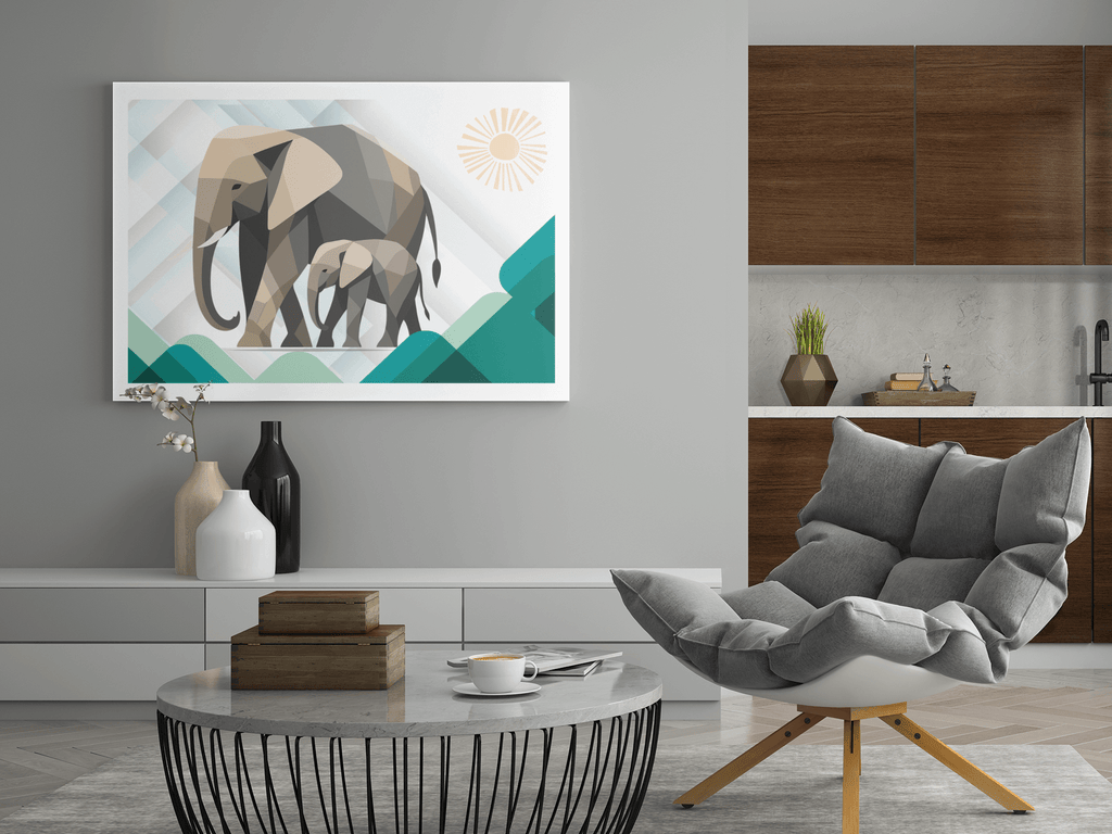 Elephant Duo Wall Art - Neutral Geometric Wildlife Illustration - Eco-Friendly Poster