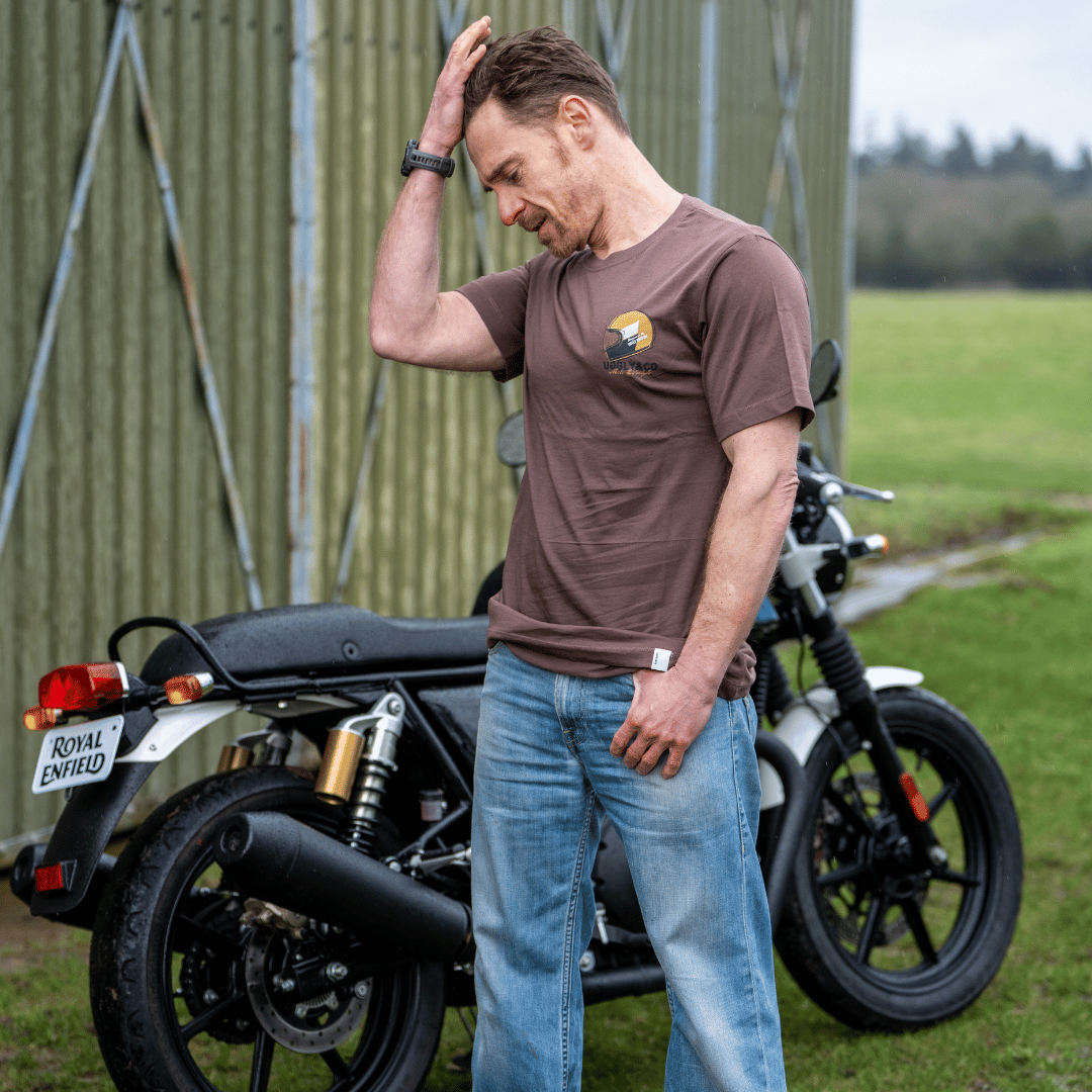 Uggly and Co Brown Helmet Graphic Tee – Heavyweight Cotton Moto Shirt