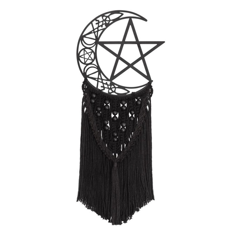 Alchemy Gothic Crescent Moon Macrame Wall Hanging with Pentagram