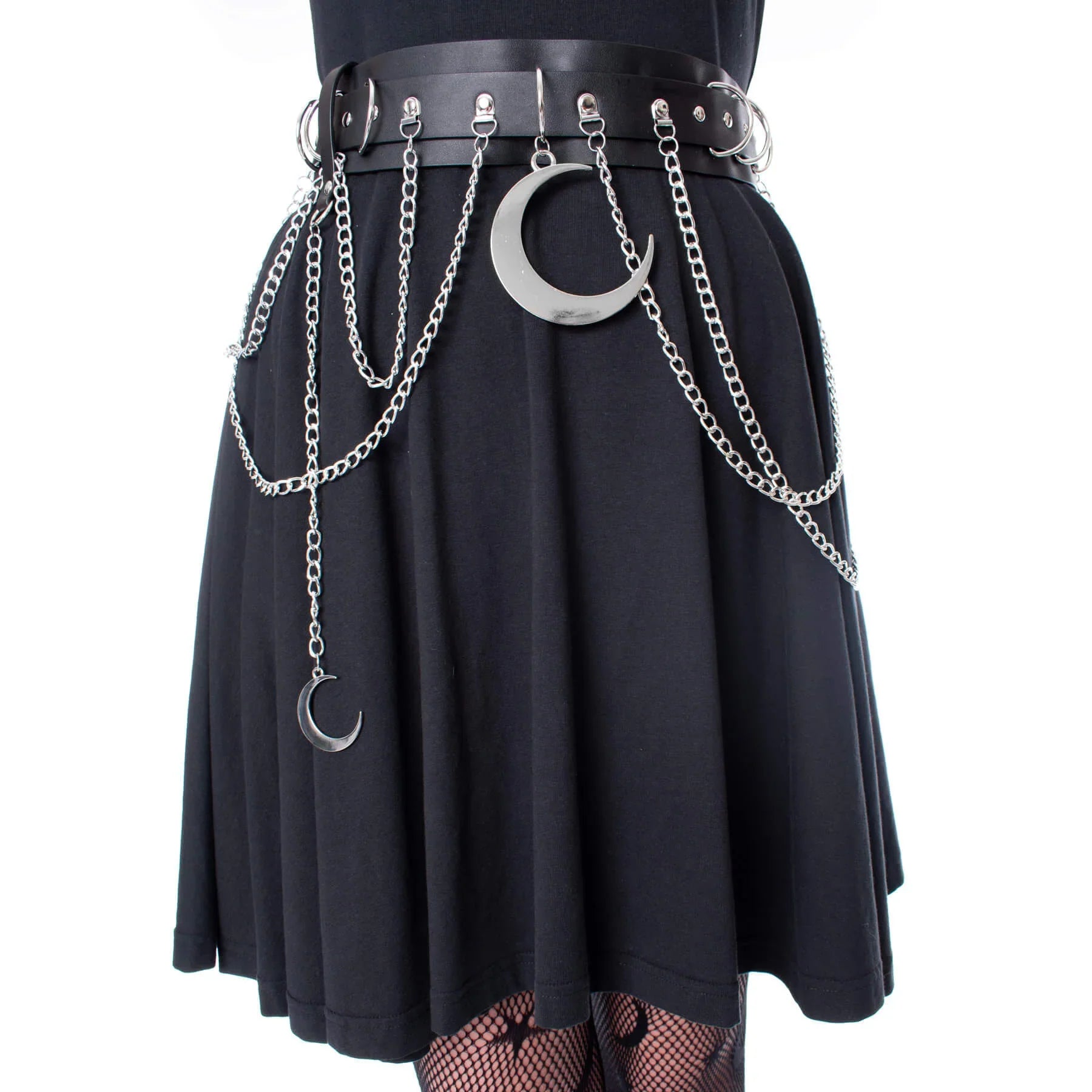 Heartless Moondusk Belt – Black Gothic Faux Leather Moon Chain Belt