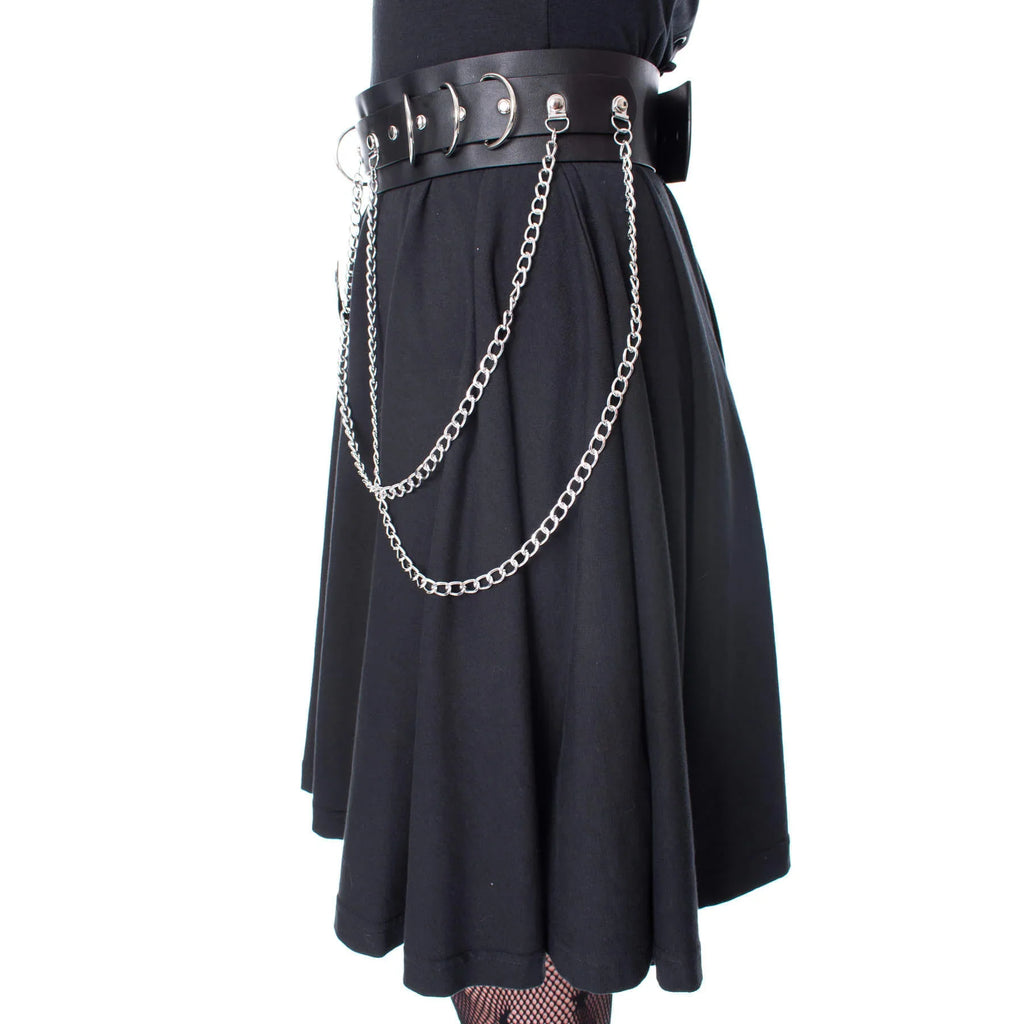 Heartless Moondusk Belt – Black Gothic Faux Leather Moon Chain Belt