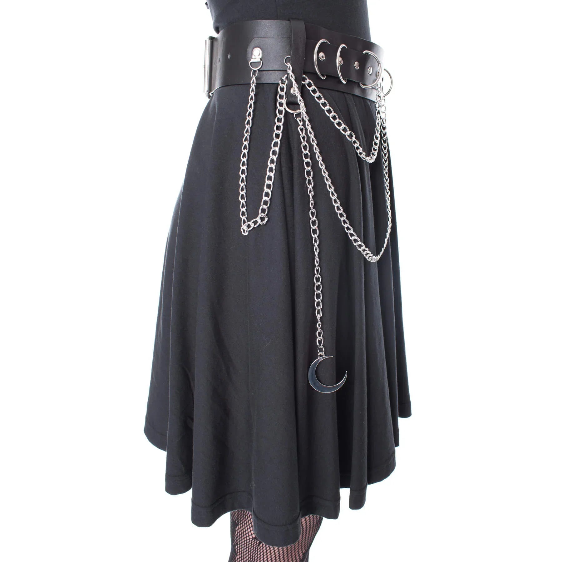 Heartless Moondusk Belt – Black Gothic Faux Leather Moon Chain Belt