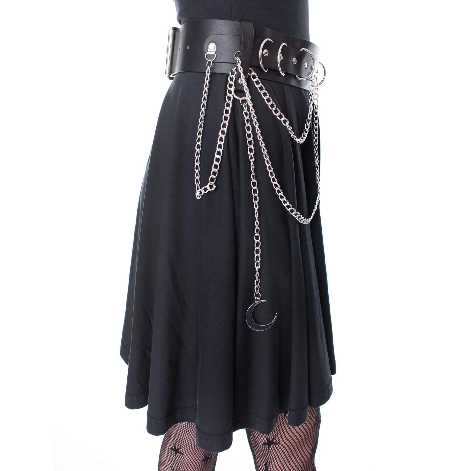 Heartless Moondusk Belt – Black Gothic Faux Leather Moon Chain Belt