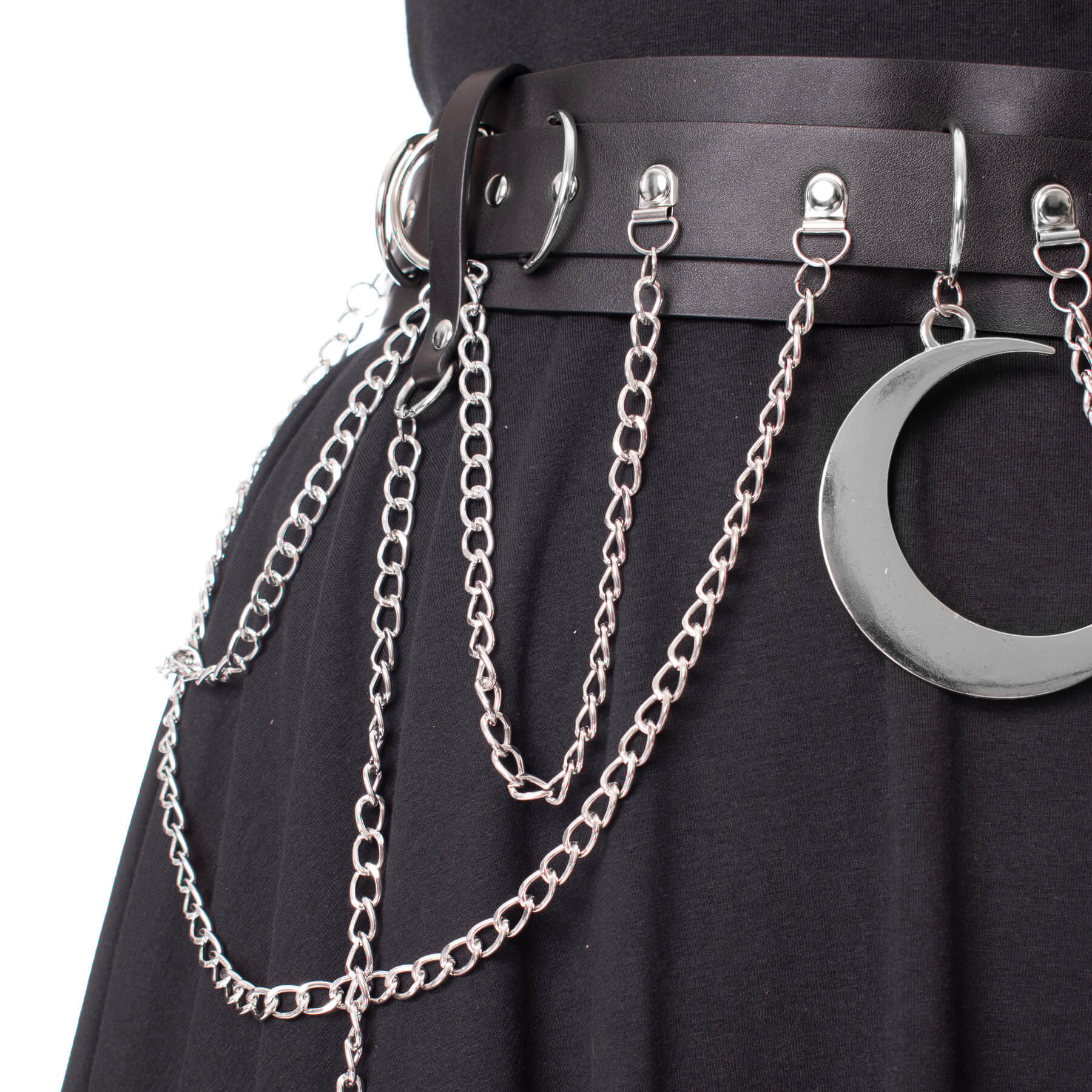 Heartless Moondusk Belt – Black Gothic Faux Leather Moon Chain Belt
