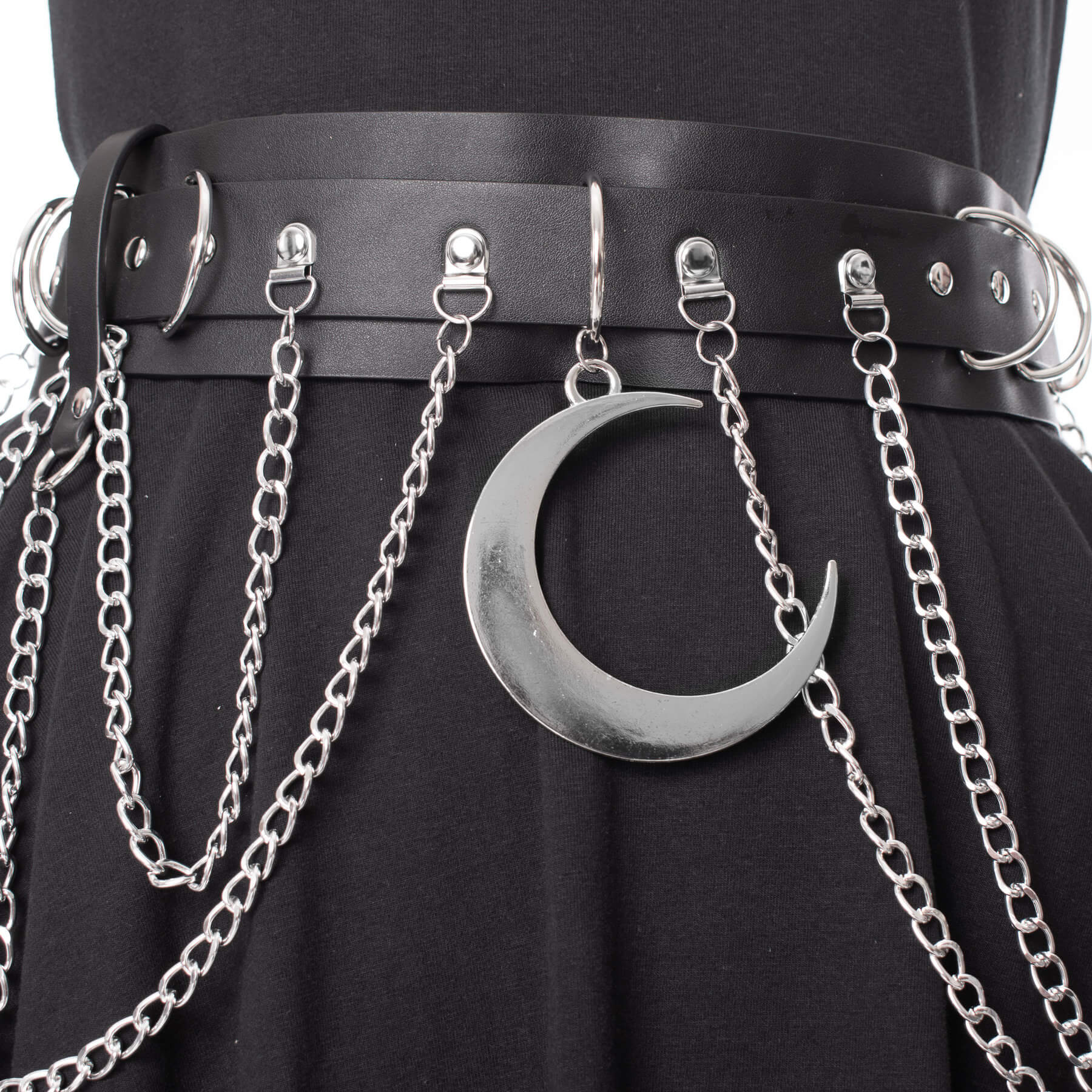 Heartless Moondusk Belt – Black Gothic Faux Leather Moon Chain Belt