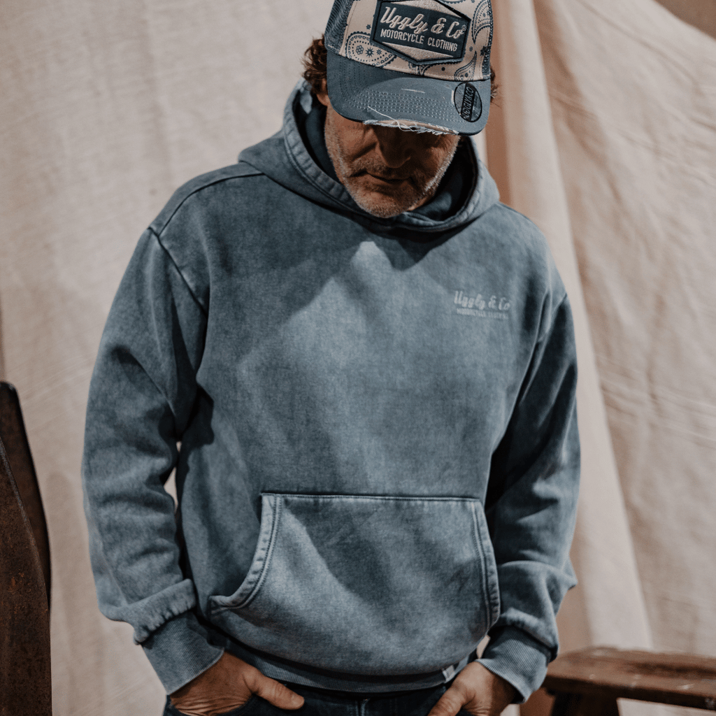 Uggly and Co Blue Diamond Acid Wash Heavyweight 380gsm Retro Hoodie