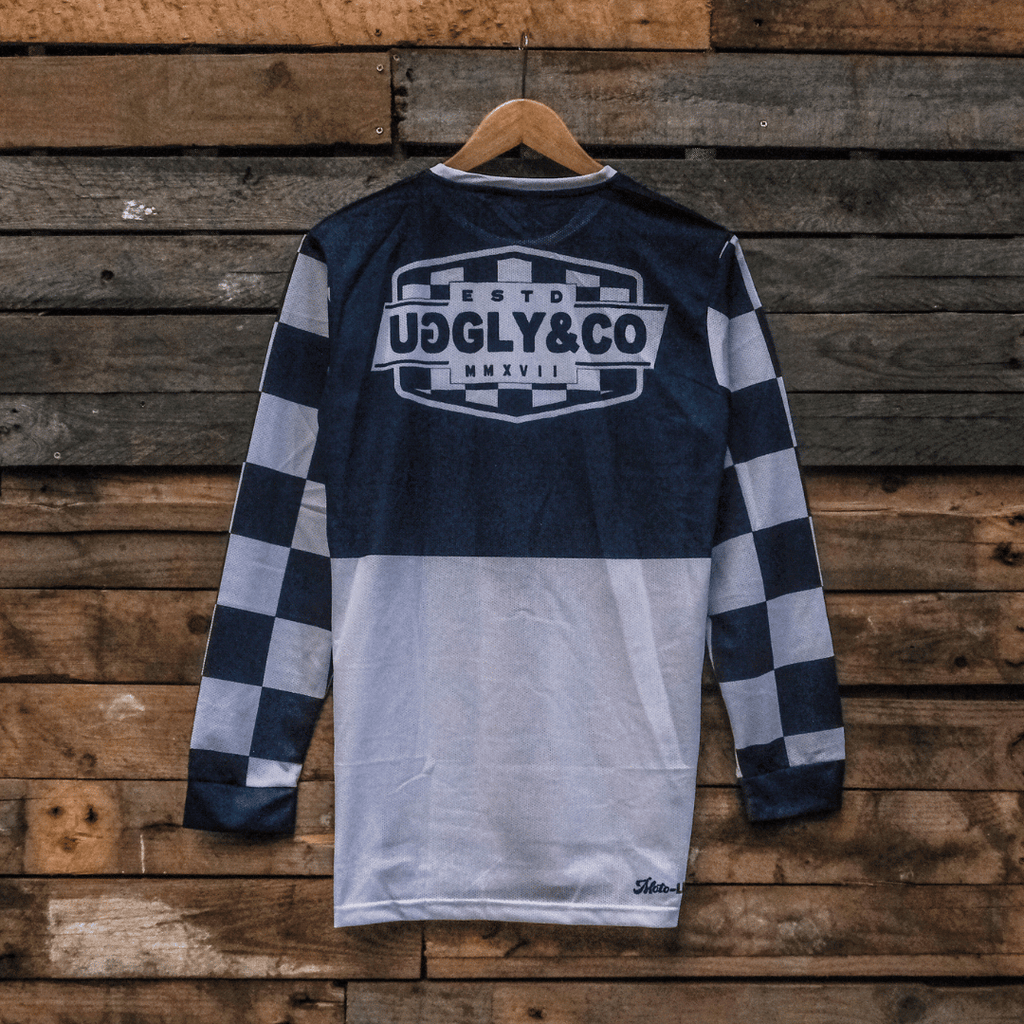 Uggly & Co Chequered Vintage Motocross Jersey - Blue & White MX Shirt