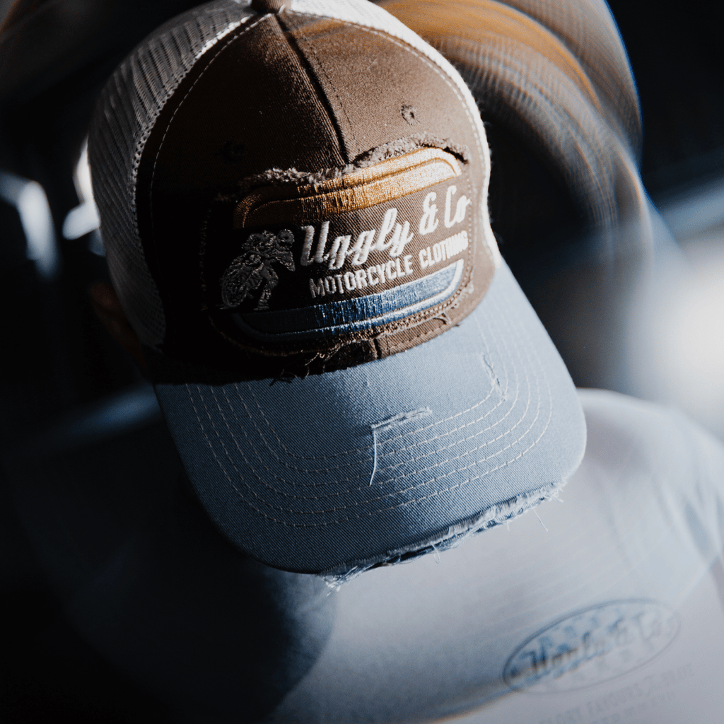 Uggly and Co Flat Track Trucker Hat – Dusty Blue and Brown Vintage Cap