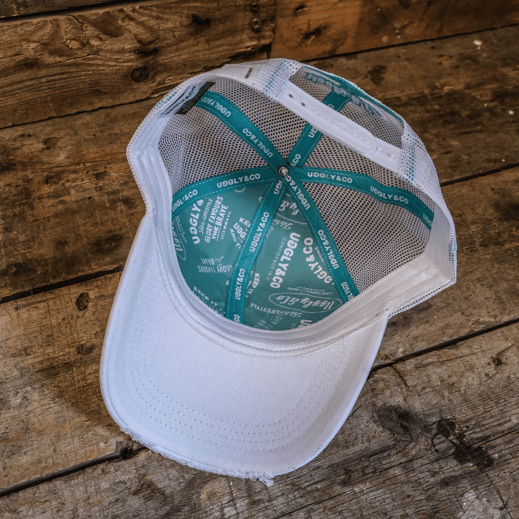 Uggly & Co Turquoise & White Diamond Trucker Hat – Vintage Distressed Cap