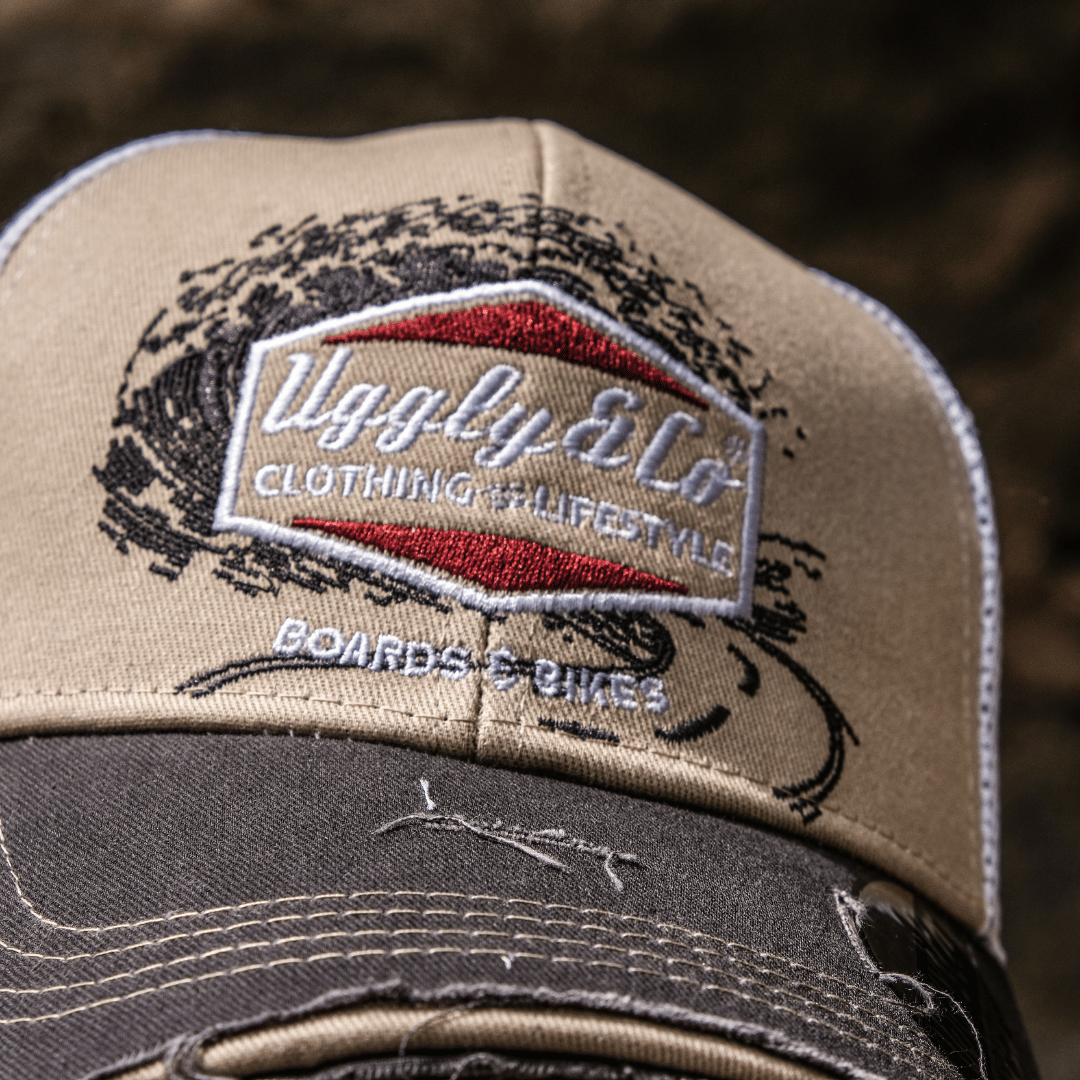 Uggly & Co Surf Diamond Trucker Hat – Distressed Beige & Mesh Cap