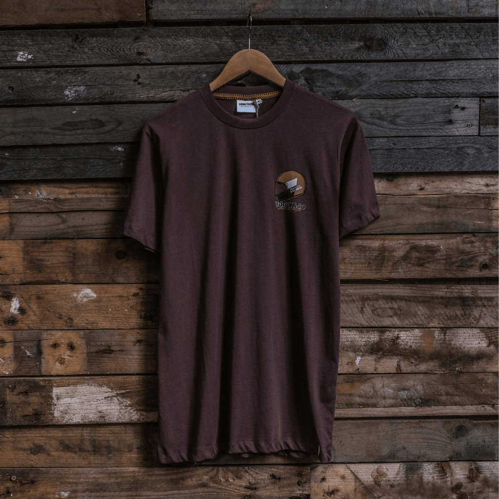Uggly and Co Brown Helmet Graphic Tee – Heavyweight Cotton Moto Shirt