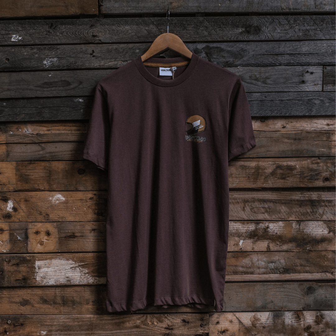Uggly and Co Brown Helmet Graphic Tee – Heavyweight Cotton Moto Shirt