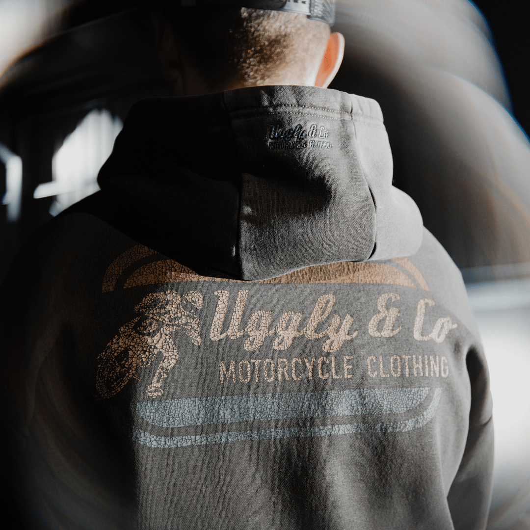 Uggly and Co Olive Flattrack Hoodie – Heavyweight Motorcycle Racing Gear