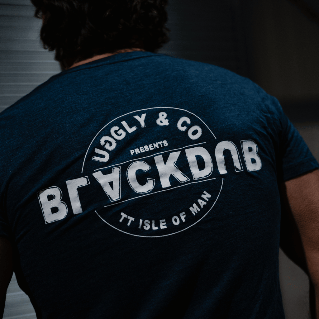 Uggly and Co Blue Stamp Tee – 100% Cotton Isle of Man Motorcycle T-Shirt