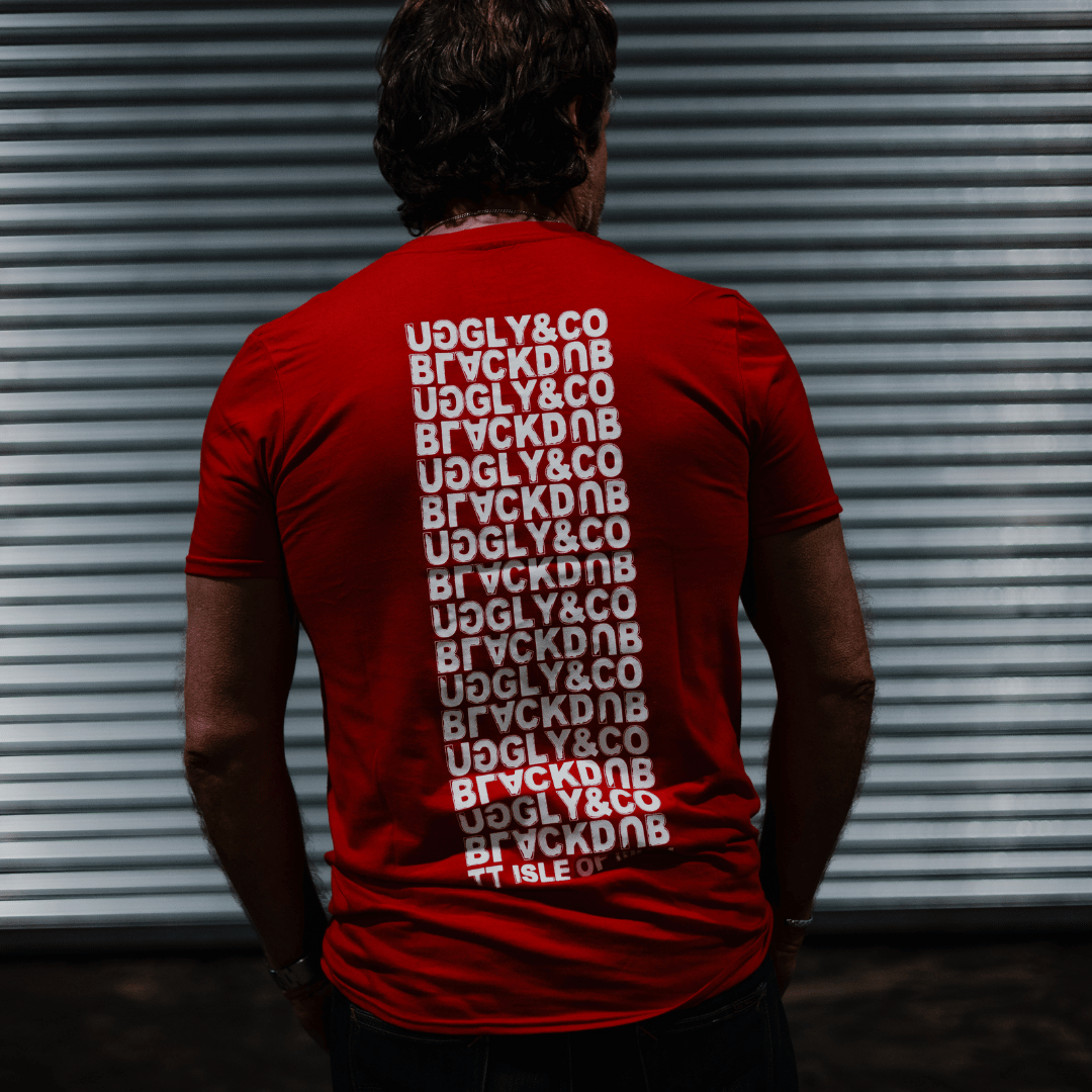 Uggly and Co Red Repeat Tee – Isle of Man TT Cotton Motorcycle T-Shirt
