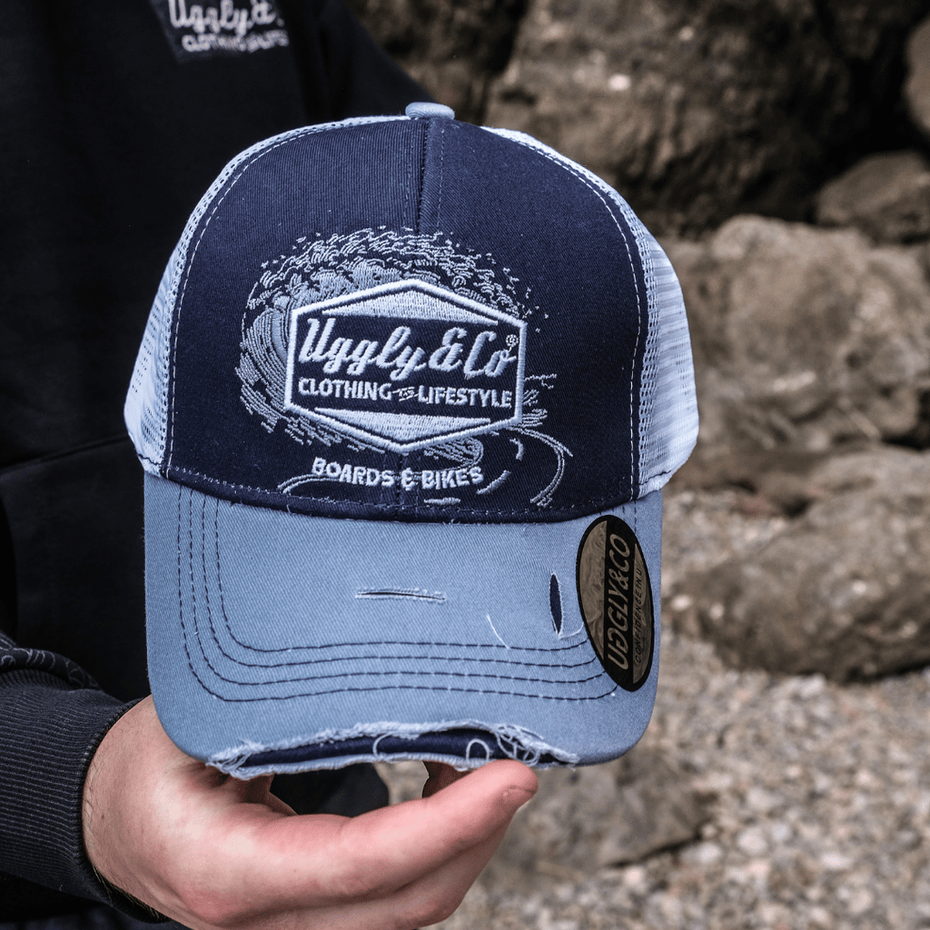 Uggly and Co Blue Surf Diamond Trucker Hat – Distressed Mesh Cap