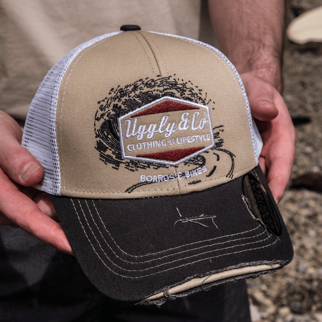Uggly & Co Surf Diamond Trucker Hat – Distressed Beige & Mesh Cap