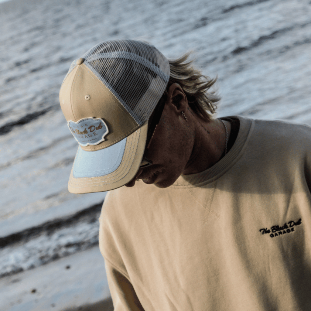 Uggly and Co Black Dub Garage Trucker Hat – Beige and Sky Blue Mesh Cap