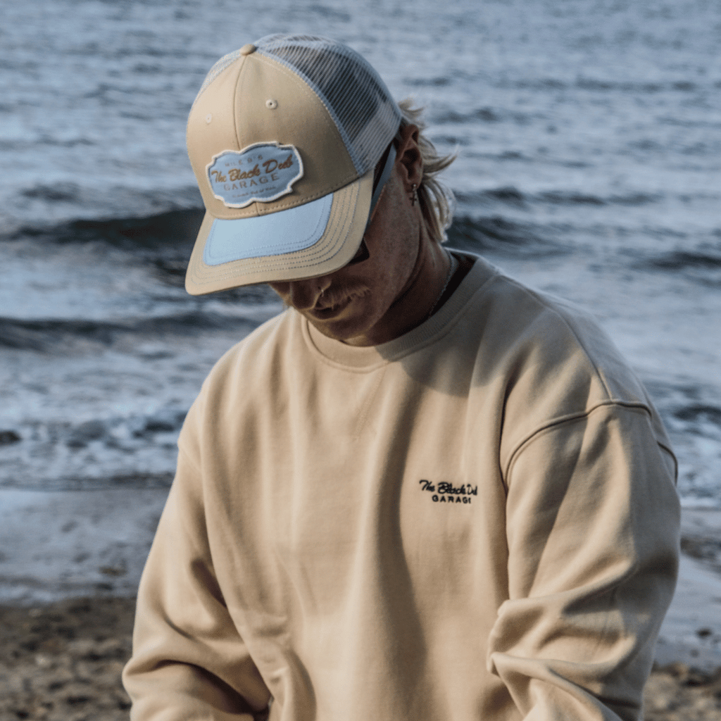 Uggly and Co Black Dub Garage Trucker Hat – Beige and Sky Blue Mesh Cap
