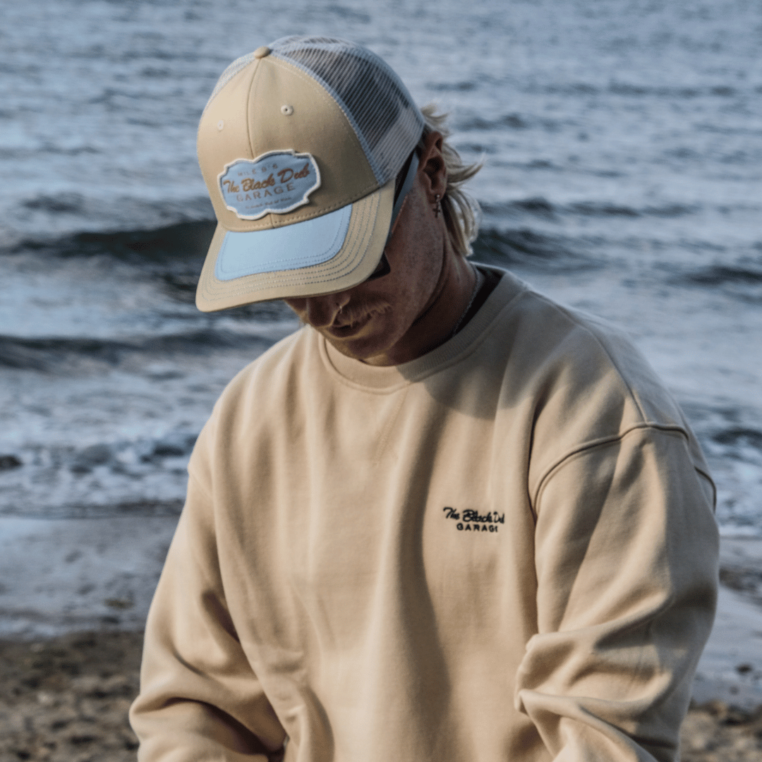 Uggly and Co Black Dub Garage Trucker Hat – Beige and Sky Blue Mesh Cap