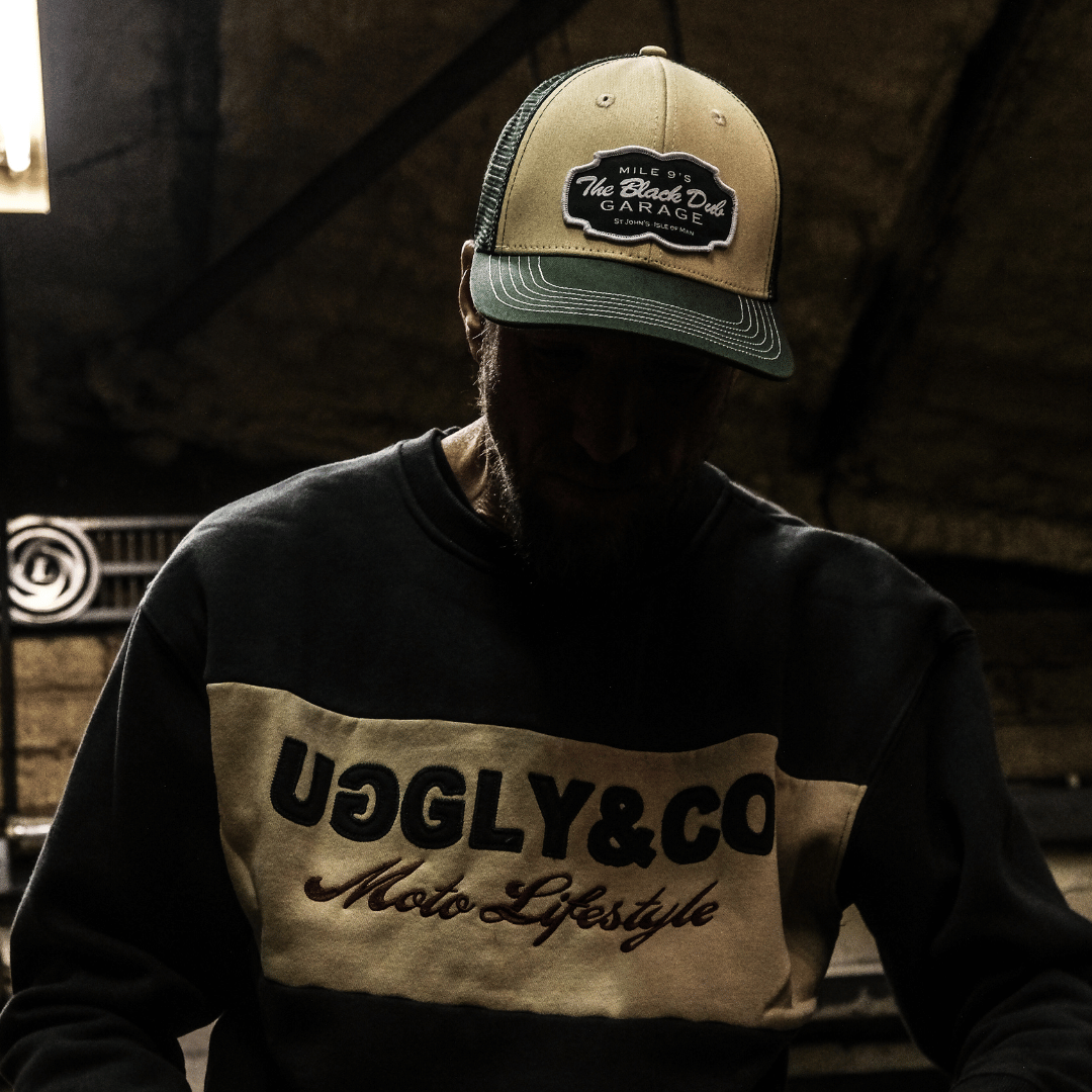 Uggly and Co Black Dub Garage Trucker Hat – Green and Beige Vintage Cap