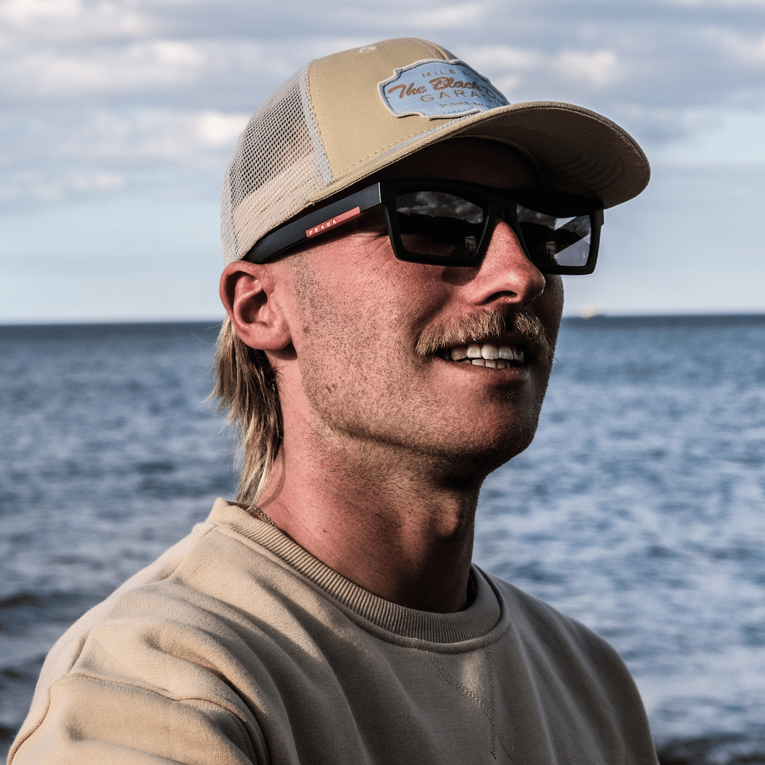 Uggly and Co Black Dub Garage Trucker Hat – Beige and Sky Blue Mesh Cap