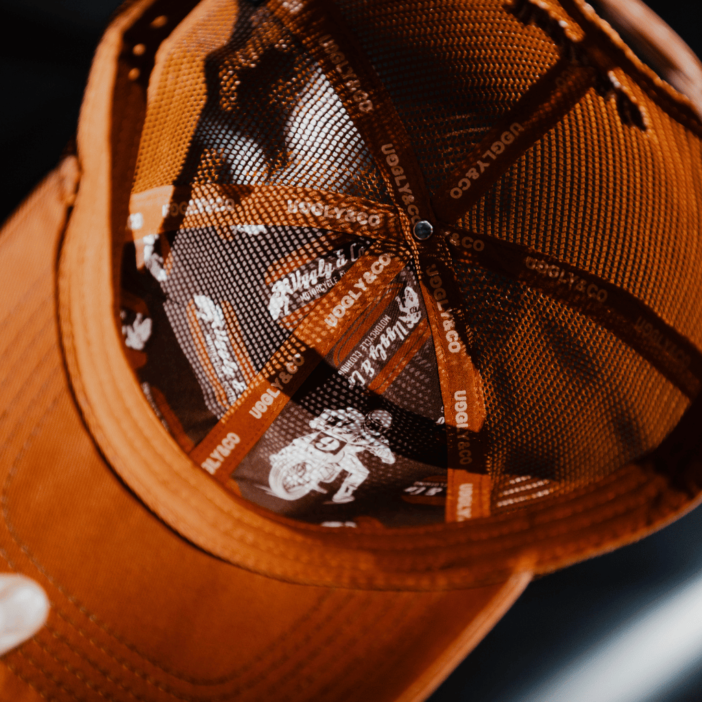 Uggly and Co Rust Flat Track Trucker Hat – Vintage Racing Mesh Cap