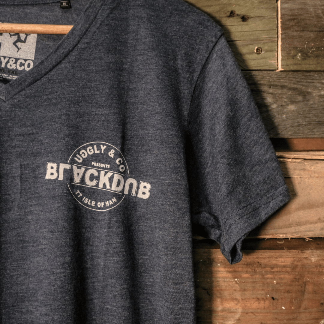 Uggly and Co Blue Stamp Tee – 100% Cotton Isle of Man Motorcycle T-Shirt
