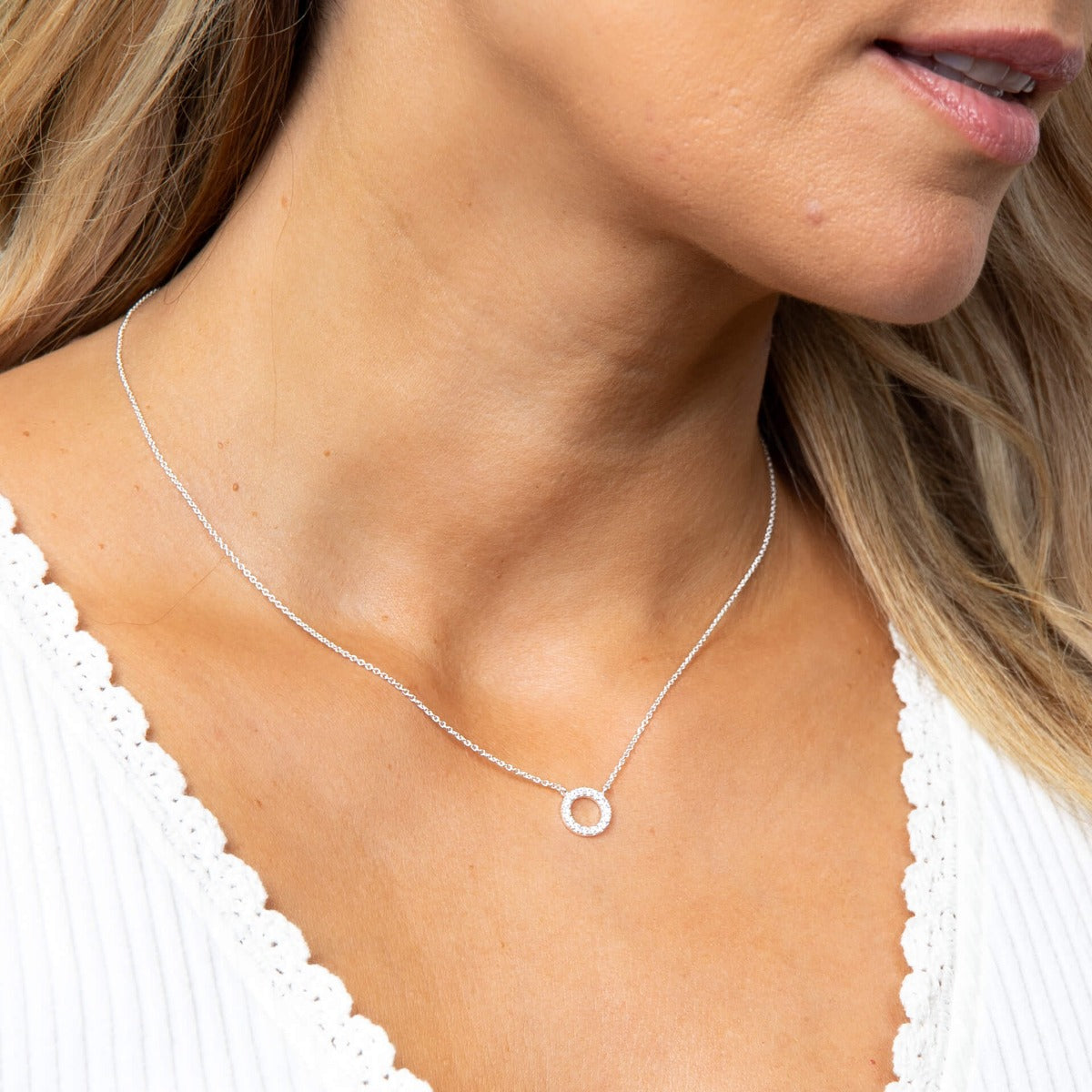 Gecko Jewellery Sterling Silver Pave Open Circle Cubic Zirconia Necklace